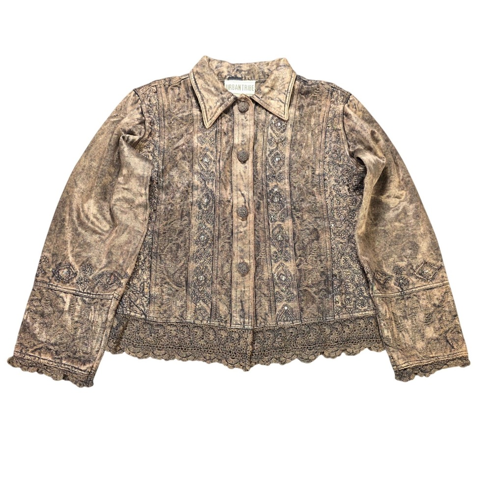 Urban Tribe Embroidered Sequin Boho Lace Jacket‎ Women's Size M Brown Acid Wash